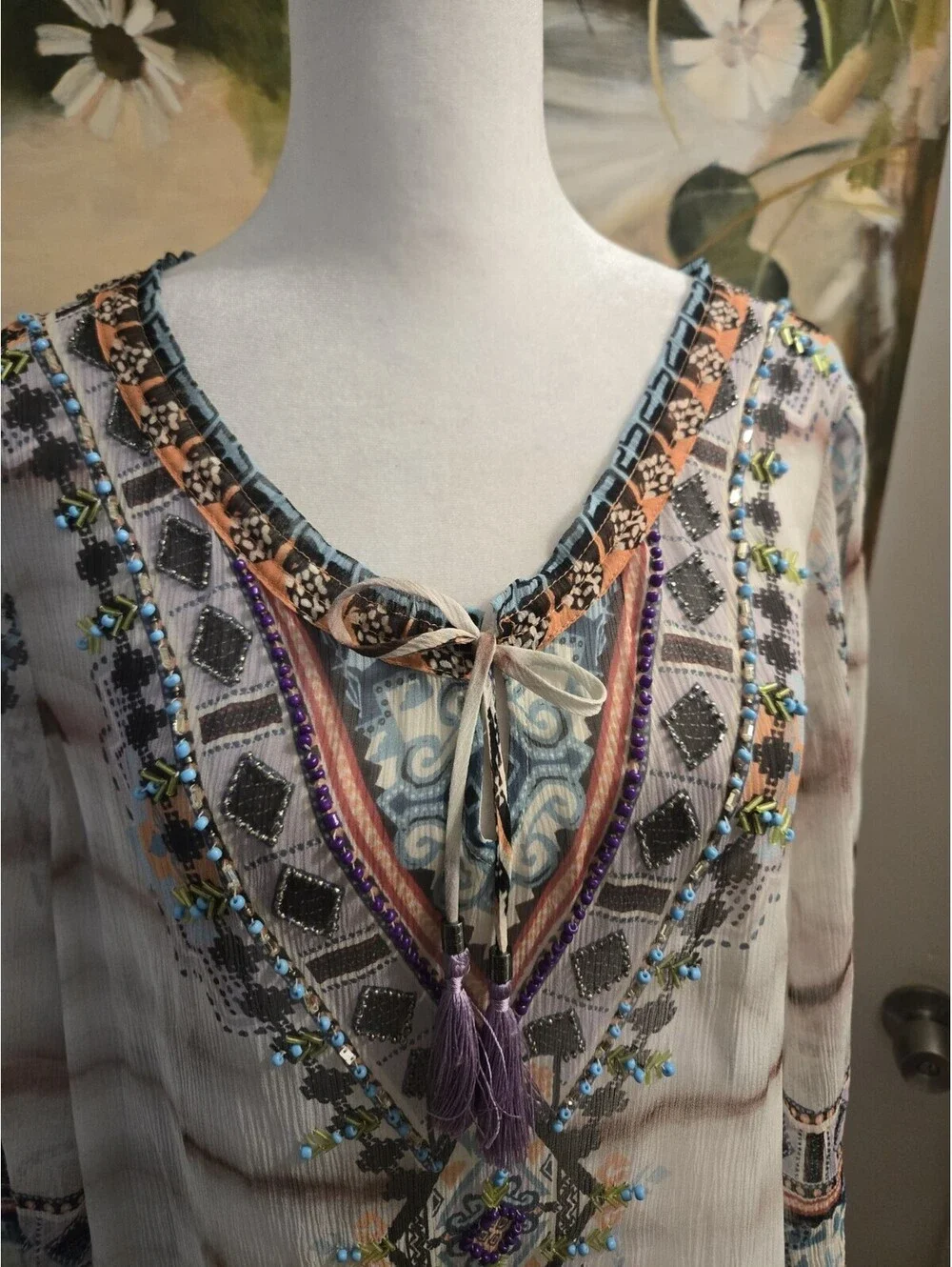 Hale Bob Women's Wearable Art Silk Crinkle Chiffon Beaded Detail Blouse Size M